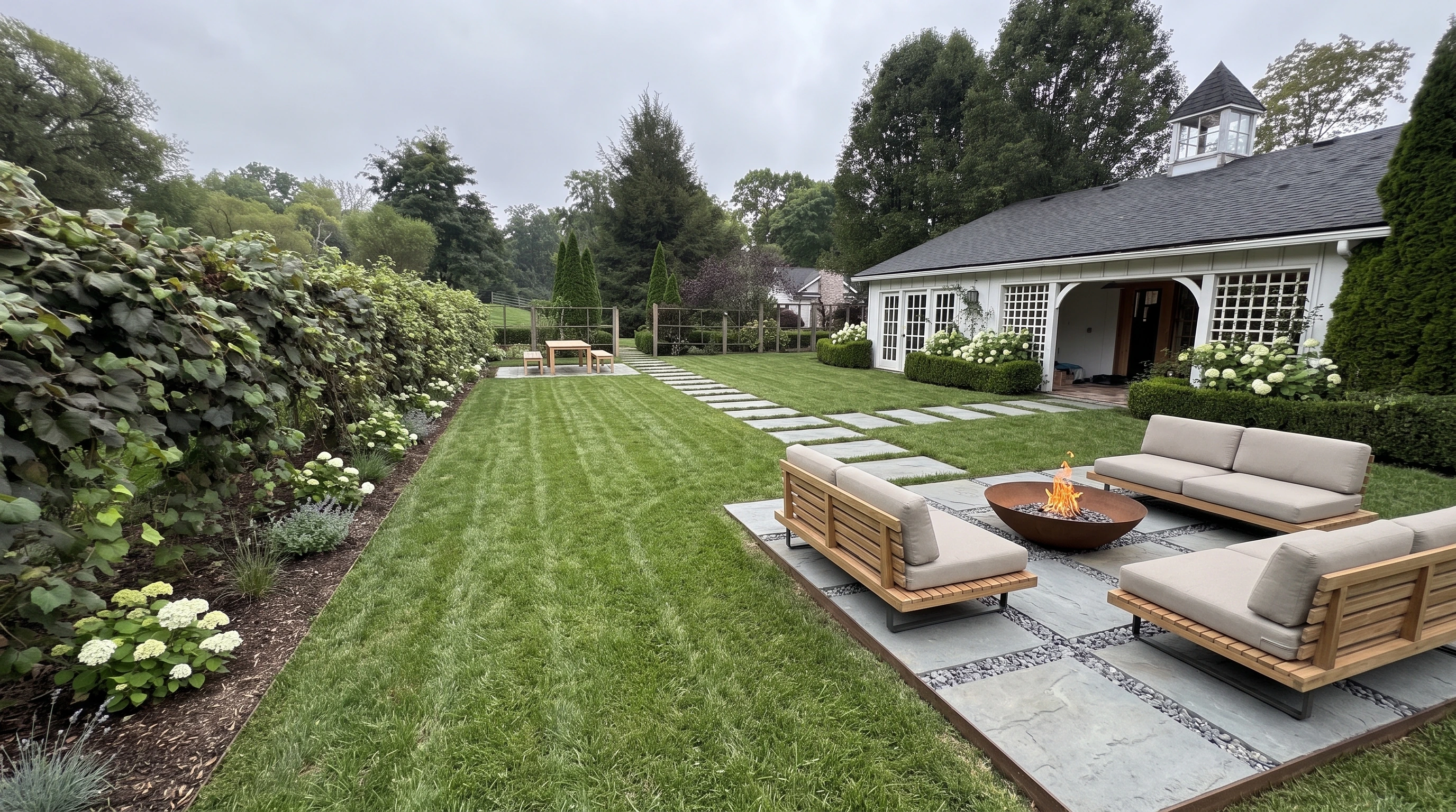 After — the fire terrace in the foreground, lawn and stepping slabs running back to the barn