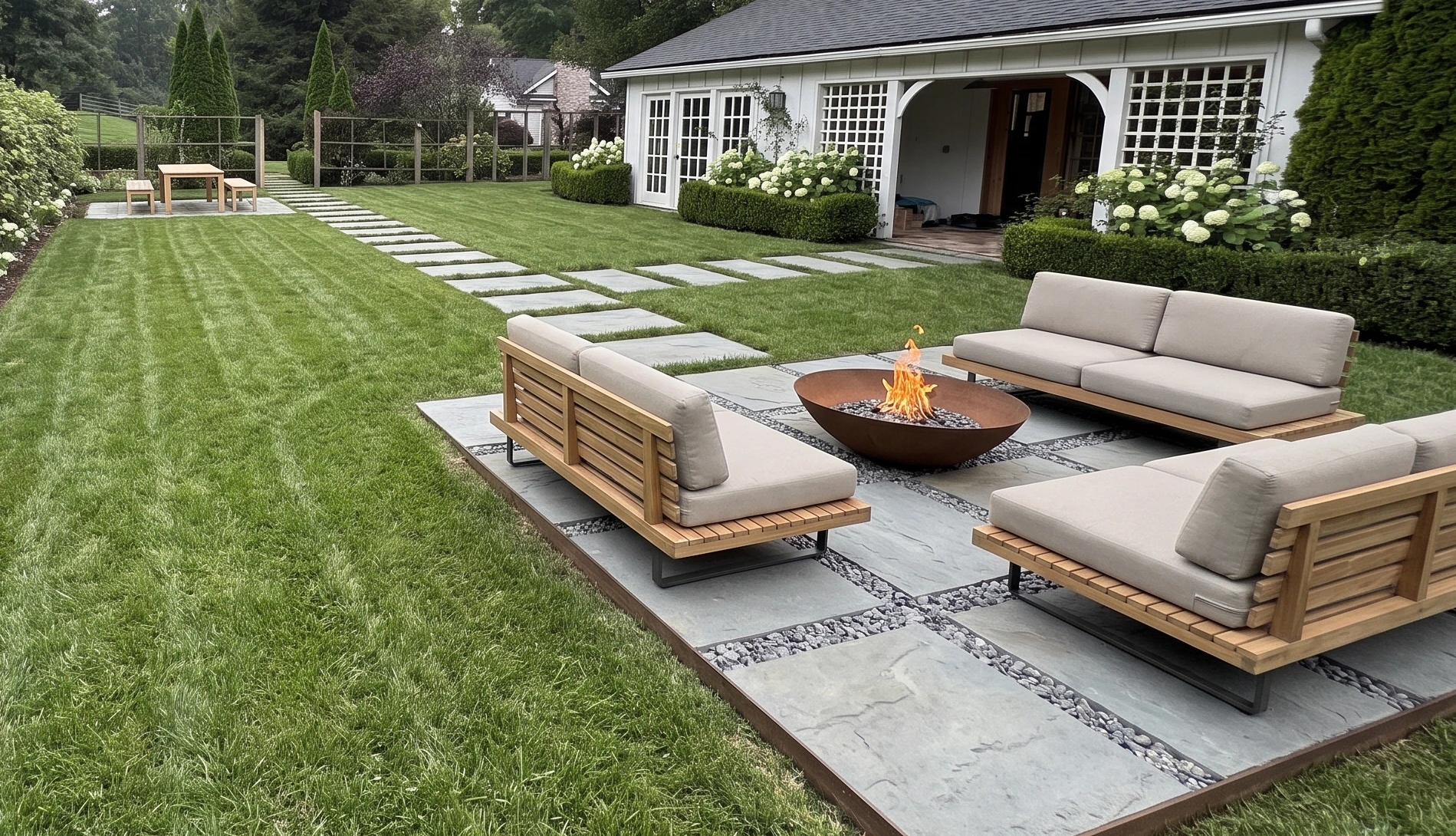 The fire terrace up close — corten bowl, low teak sofas, the new lawn beyond